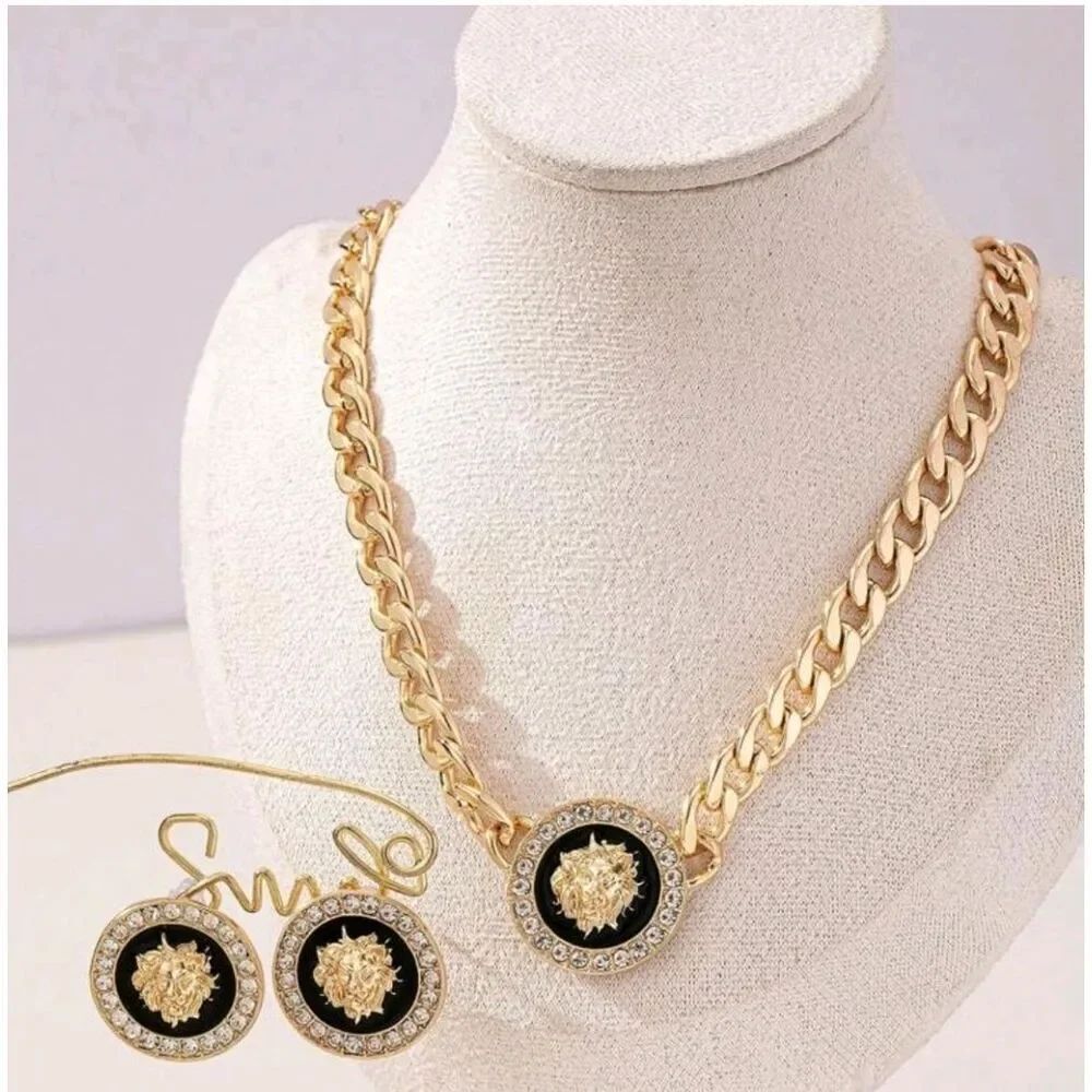 Designer Inspired Black & Gold Lion choker necklace & Earrings Set